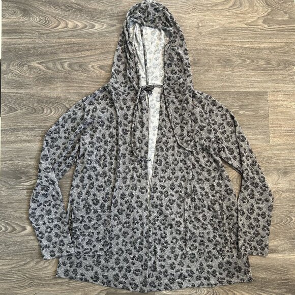 Lucky Brand Cardigan Sweater Size Large Hooded Gray Leopard Print Lightweight - Picture 2 of 14